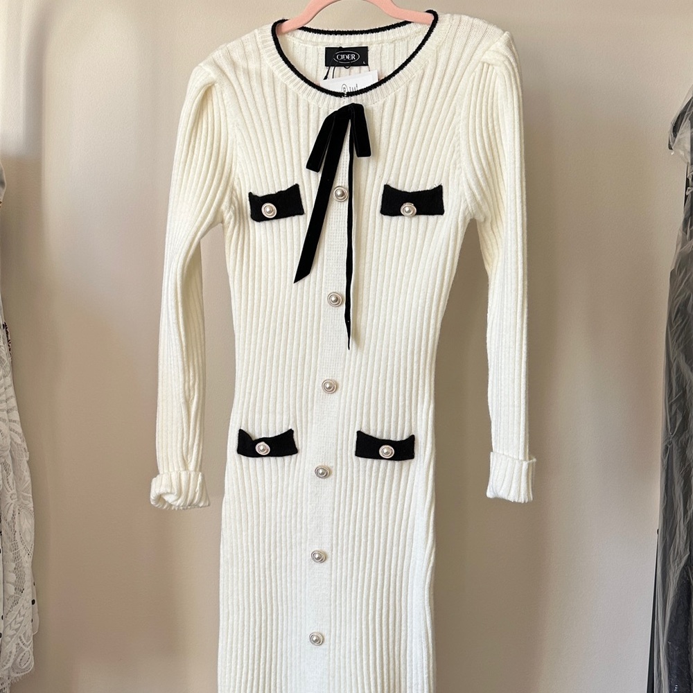 Cider White Long Sleeve Dress with Black Accents